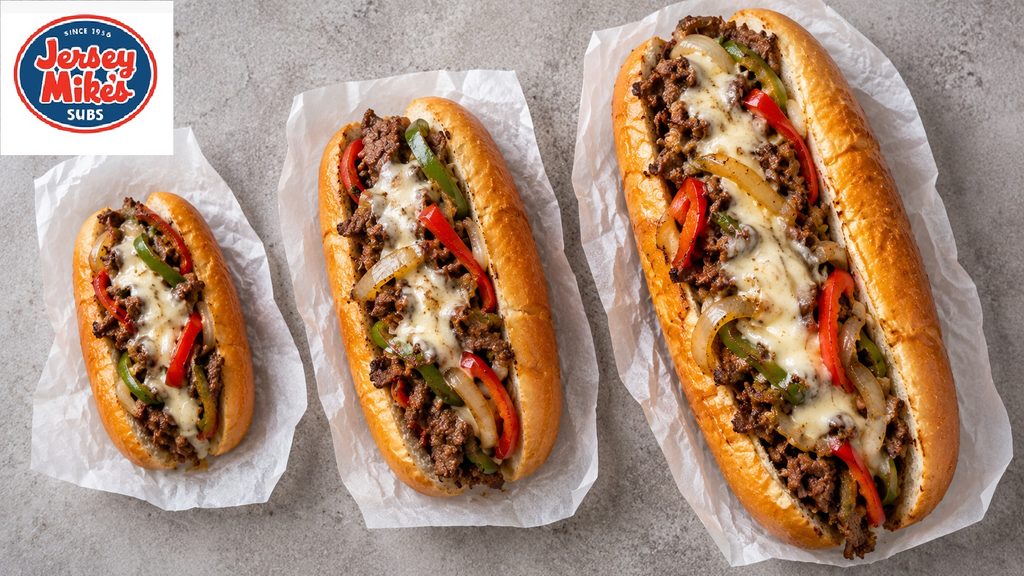 Mini, regular and giant Philly cheesesteak subs shown side by side to compare portion size