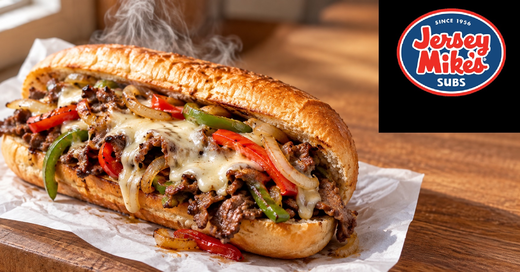 Hot Philly cheesesteak sub with grilled steak, melted cheese, onions and peppers on a toasted roll